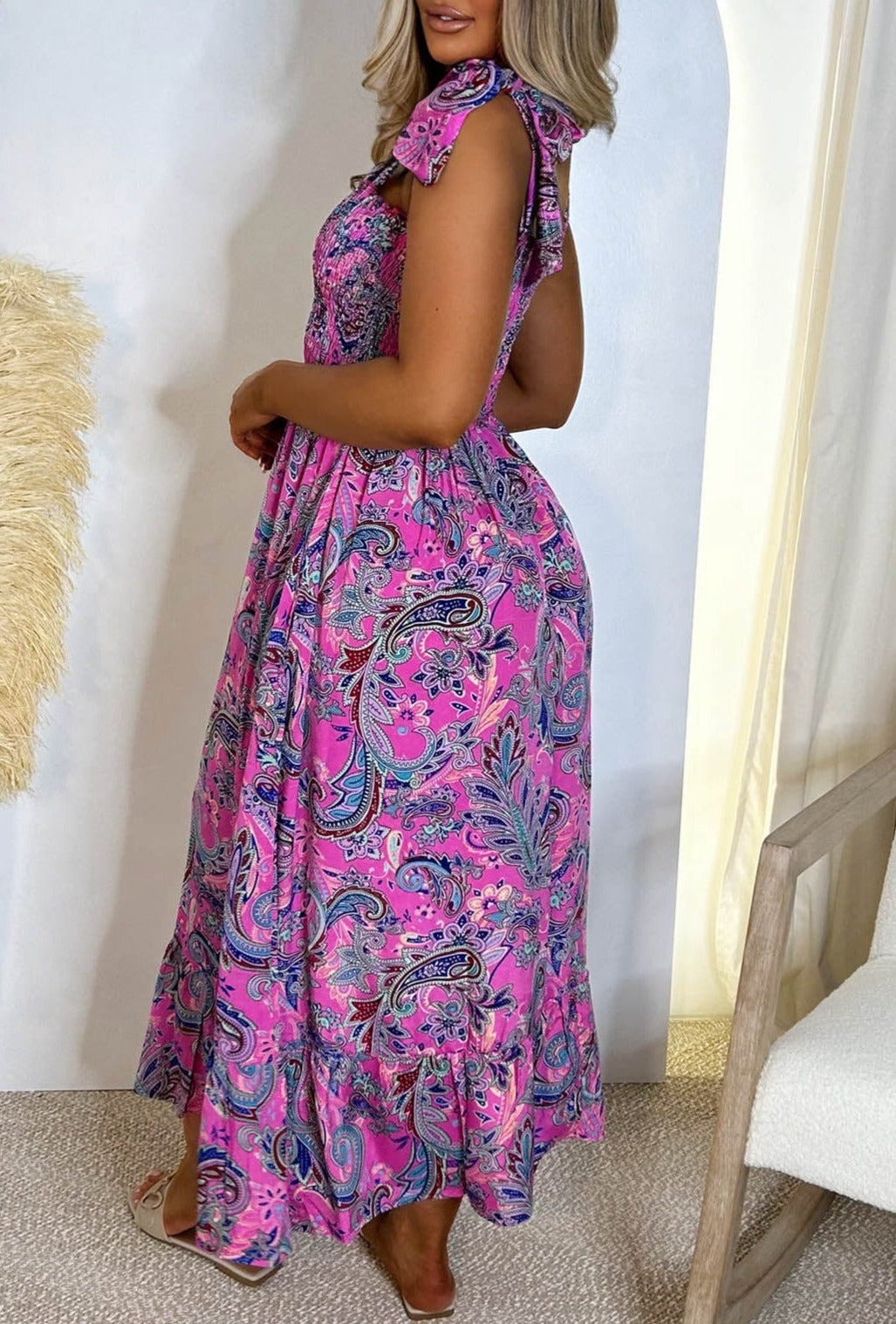 Boho Fantasy Pink Paisley Print Shirred Tie Strap Maxi Dress