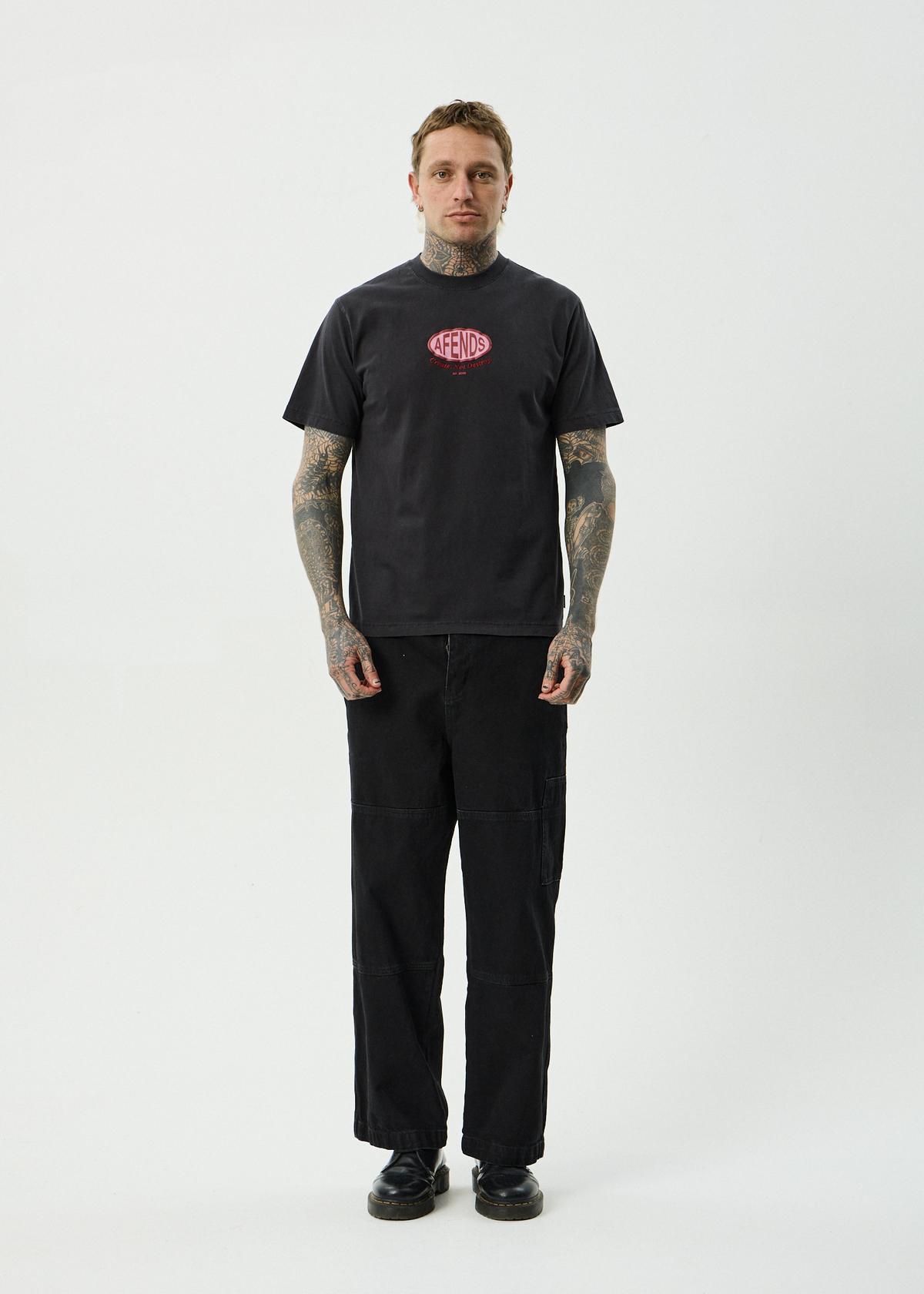 AFENDS Mens Destroyed - Retro Tee - Stone Black