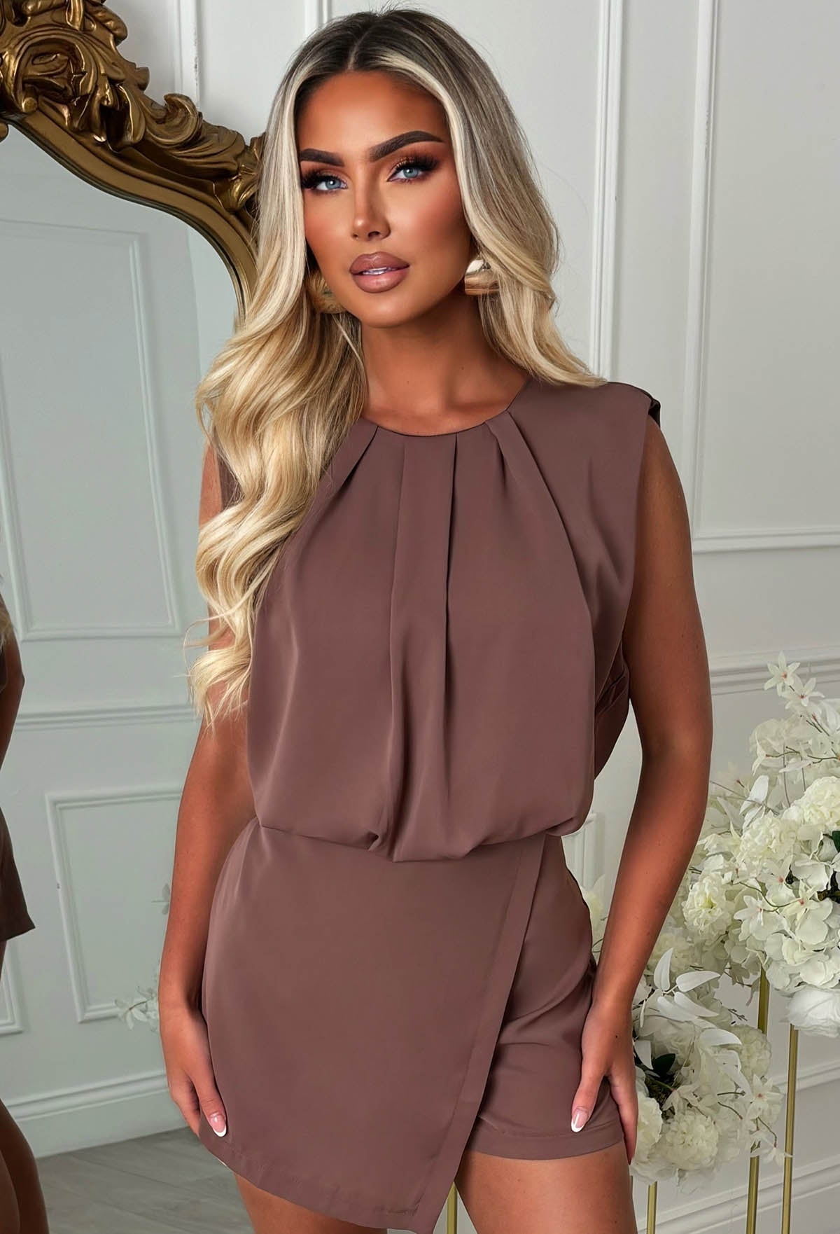 Babe Energy Brown Wrap Front Sleeveless Skort Playsuit