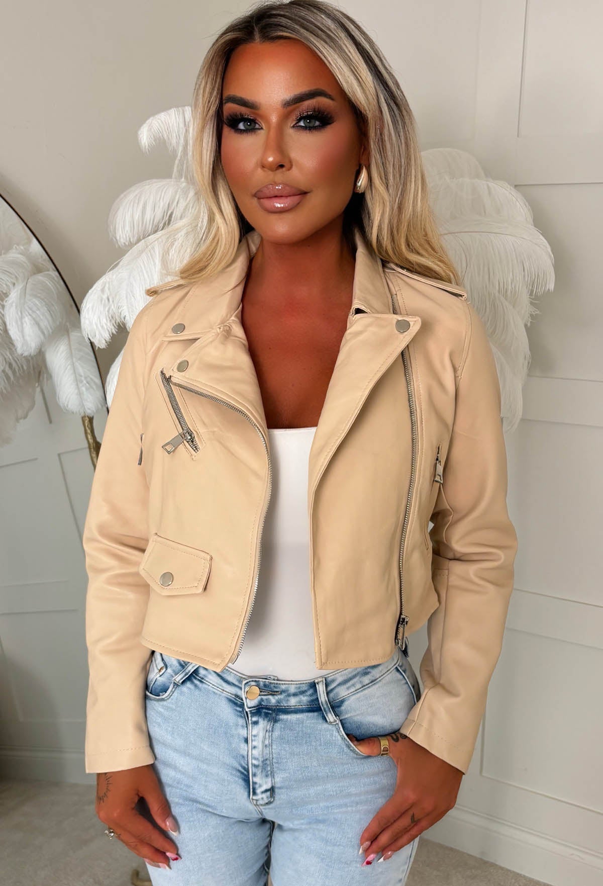 Biker Baddie Beige Cropped Leather Jacket