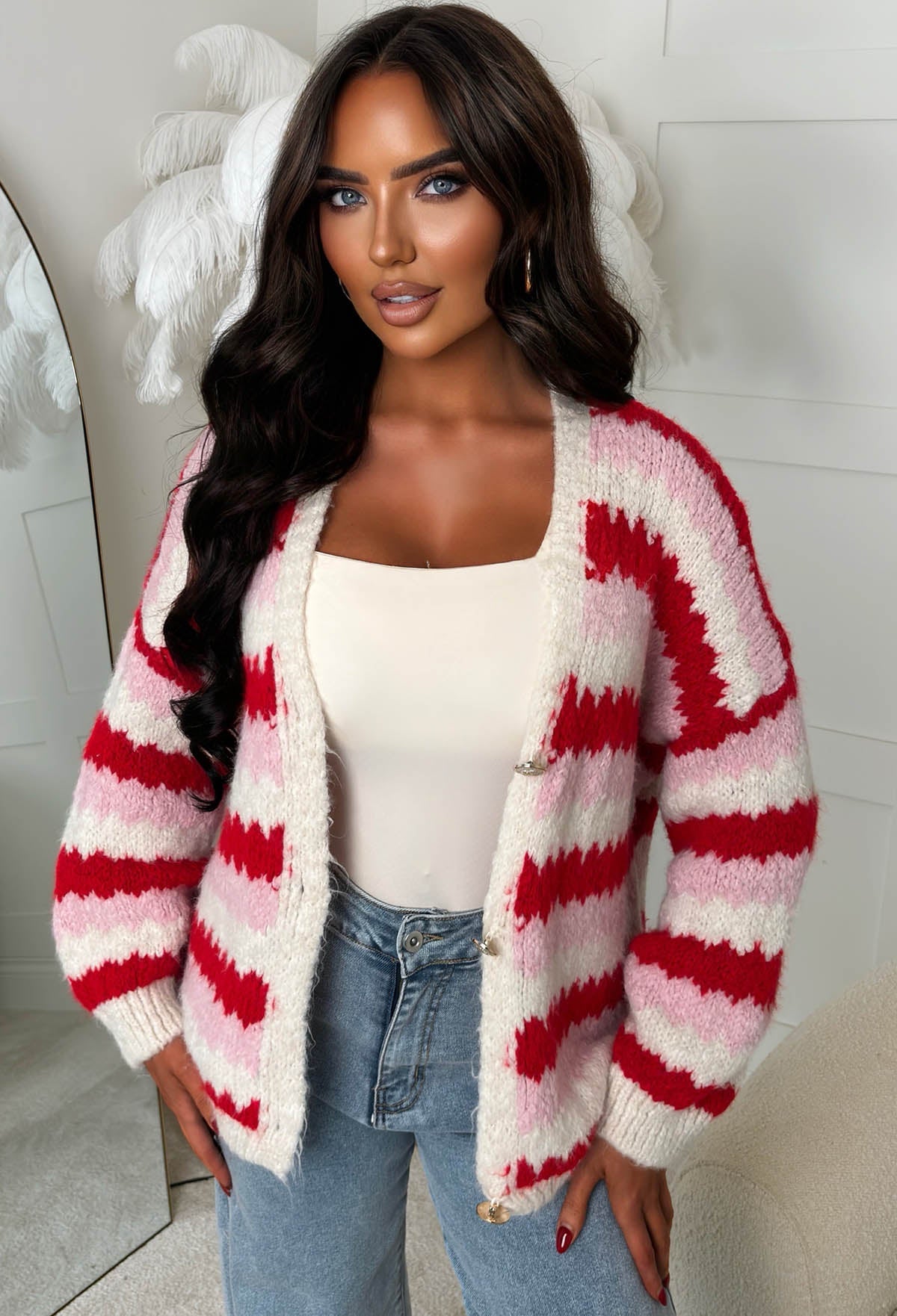 Cosy On Up Red Knitted Stripe Cardigan