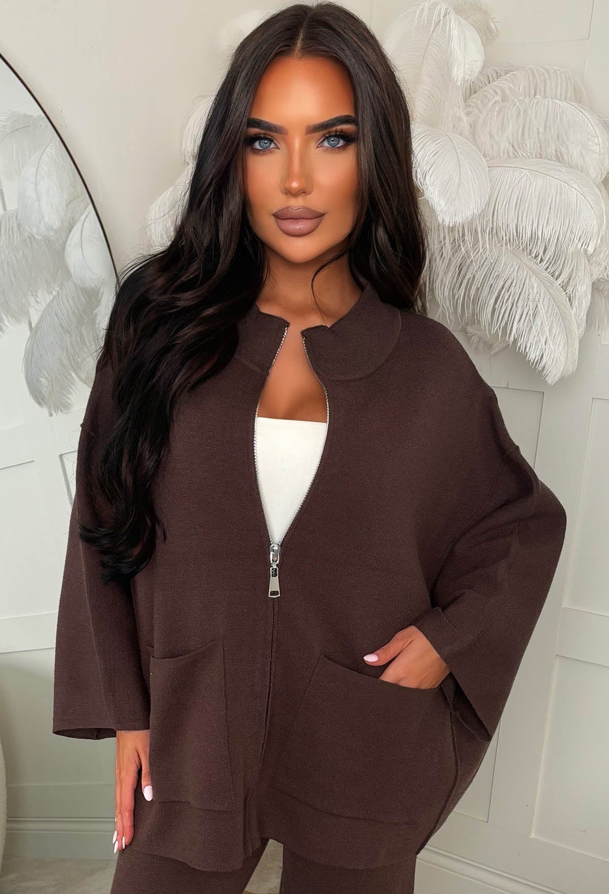 Cutest Cosies Brown Zip Up Batwing Knitted Set
