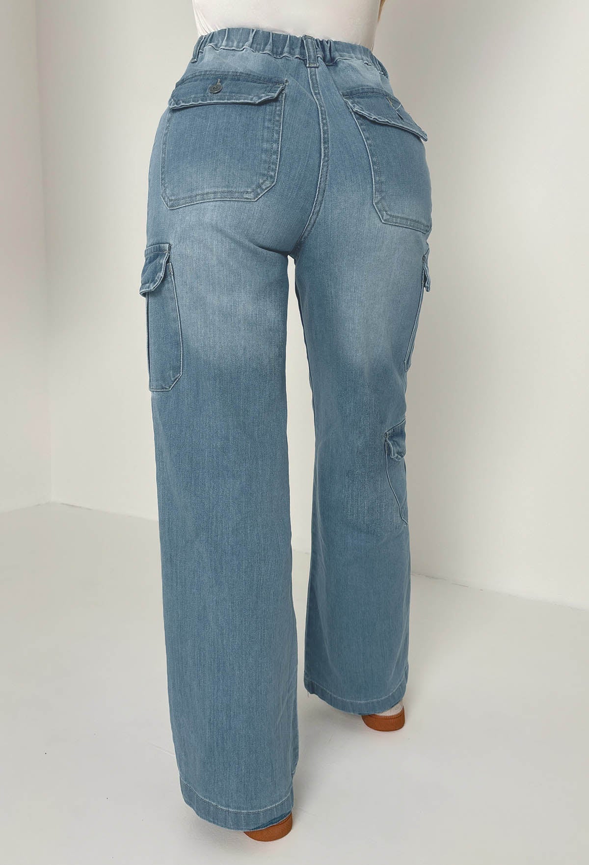 Denim Revolution Mid Blue Cargo Denim Wide Leg Stretch Jeans