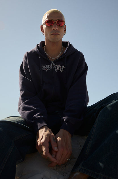 AFENDS Mens Kharma -  Boxy Zip Hood - Washed Deep Sea