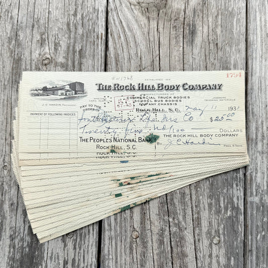 15 WHOLESALE Original 1930s ROCK HILL BODY CO Checks South Carolina LOT