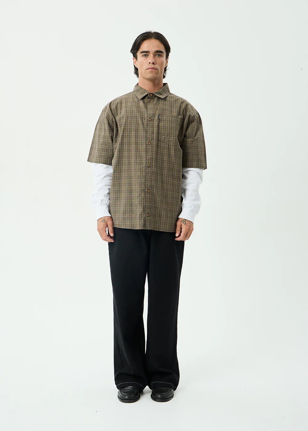 AFENDS Mens Shadow - Short Sleeve Shirt - Stone Check