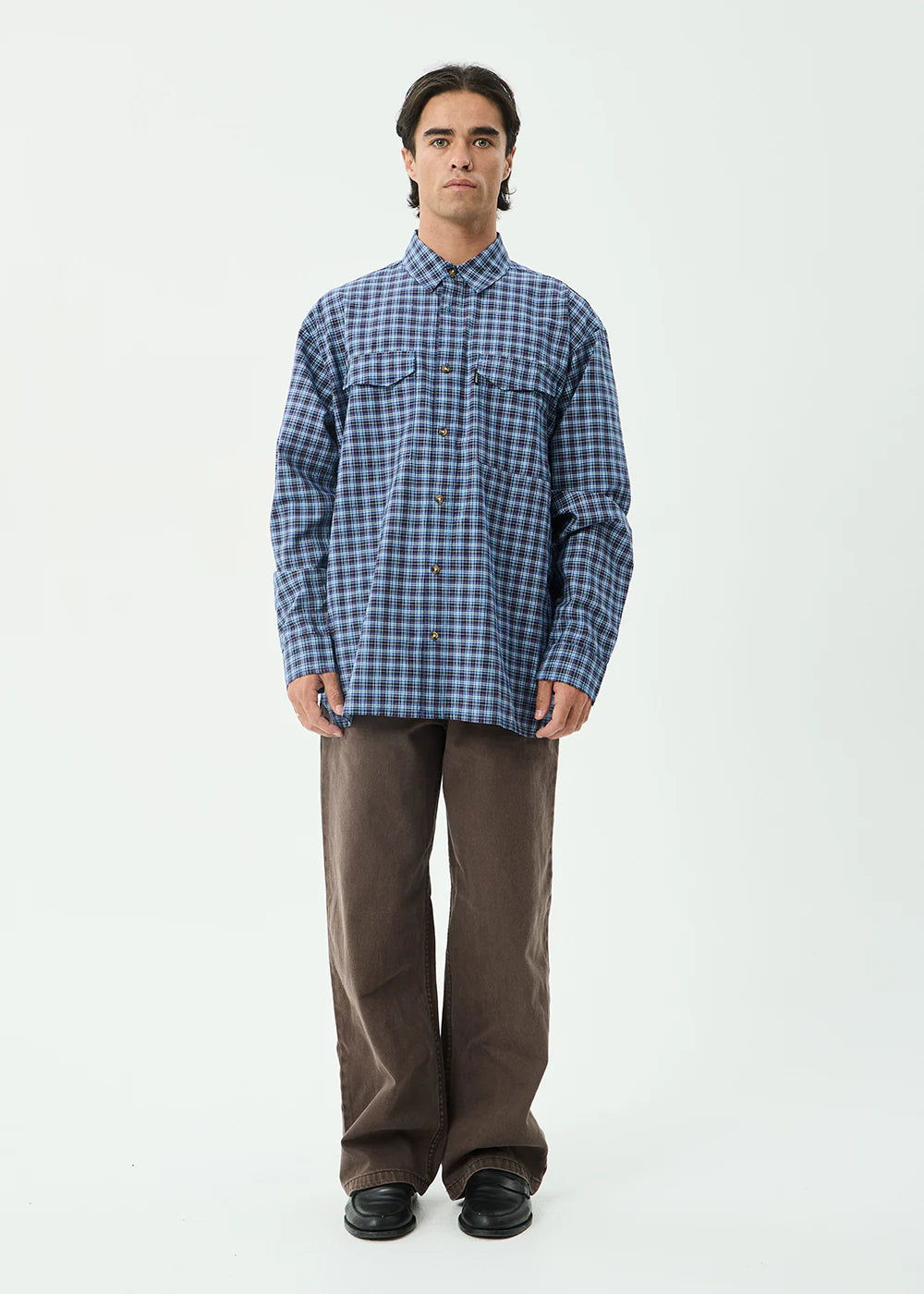 AFENDS Mens Mountains - Oversized Long Sleeve Shirt - Navy Check