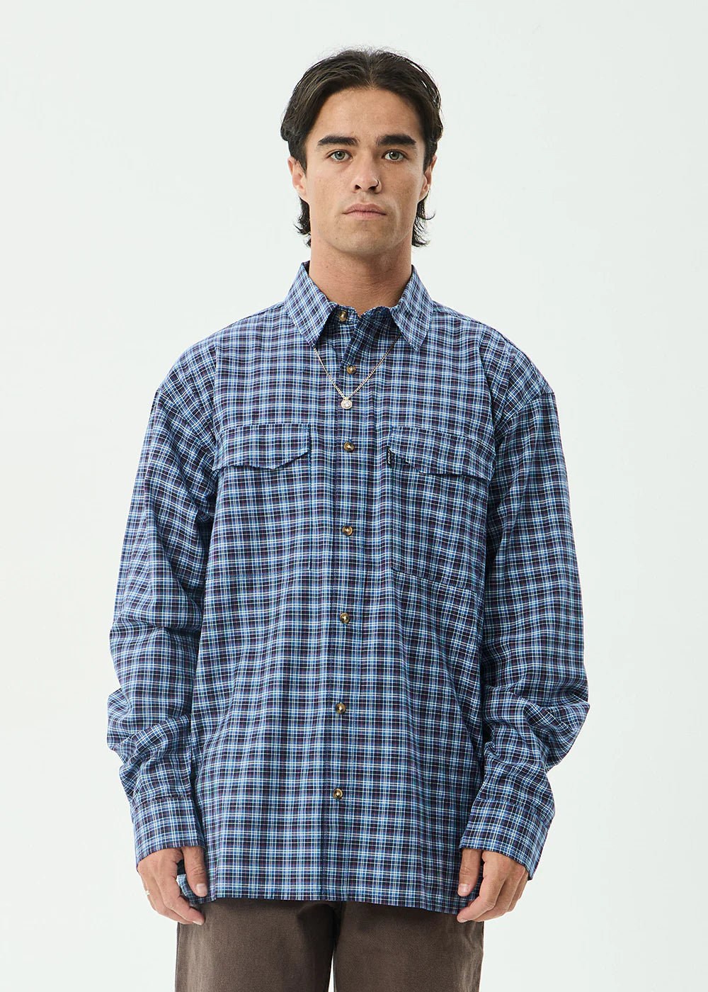 AFENDS Mens Mountains - Oversized Long Sleeve Shirt - Navy Check