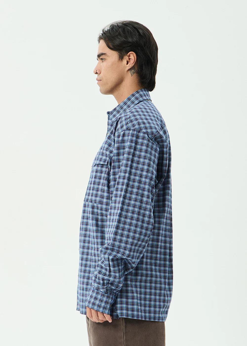 AFENDS Mens Mountains - Oversized Long Sleeve Shirt - Navy Check