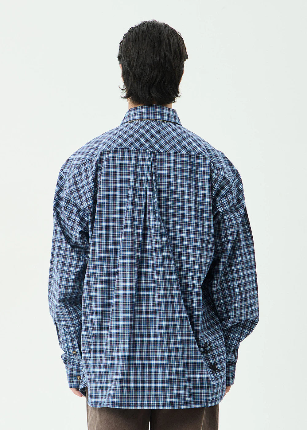 AFENDS Mens Mountains - Oversized Long Sleeve Shirt - Navy Check