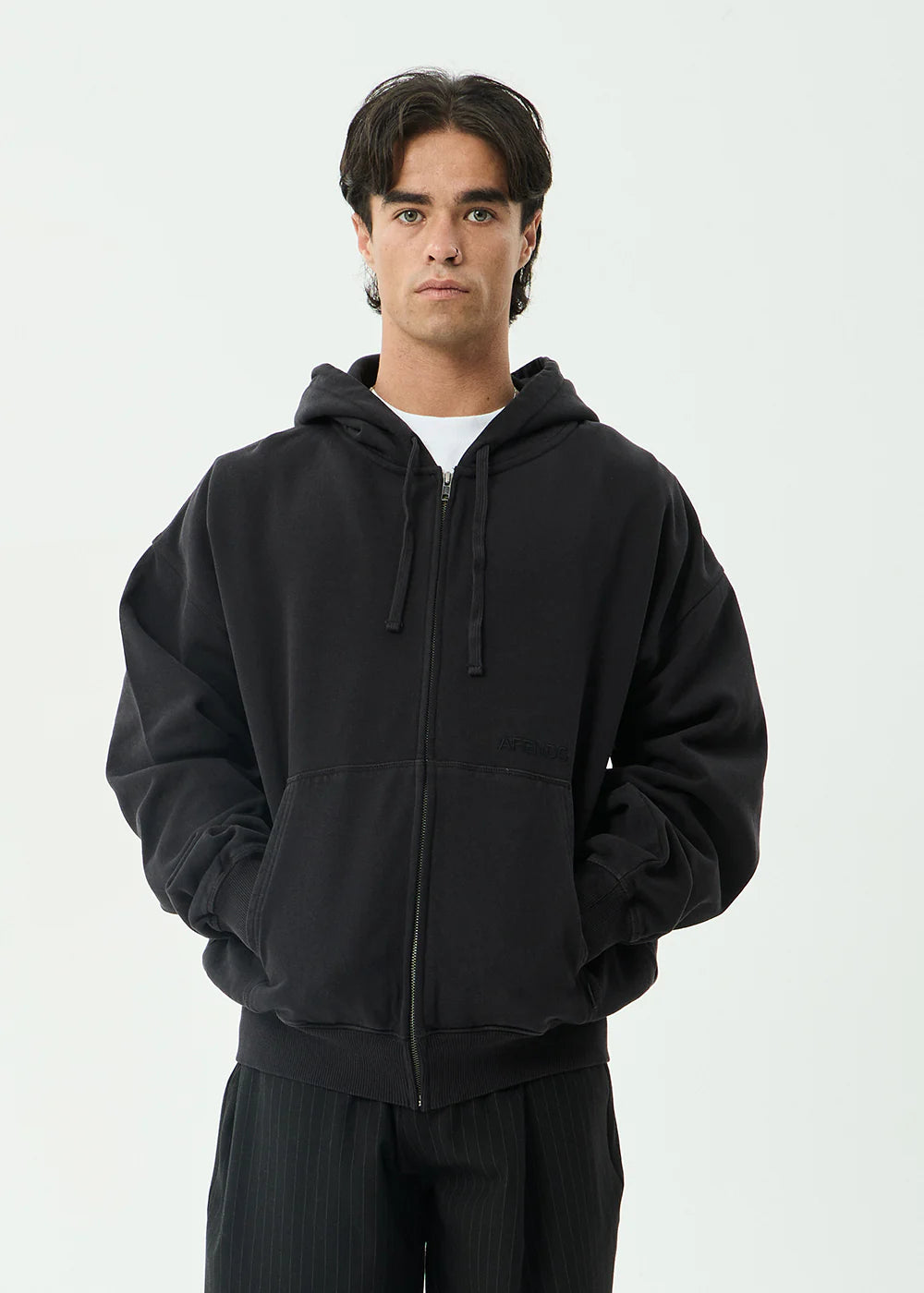 AFENDS Mens Genesis - Boxy Zip Hood - Stone Black