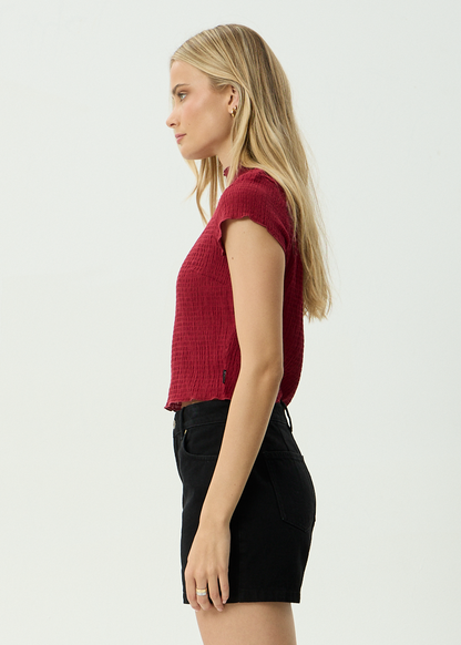 AFENDS Womens Wren - Seersucker Top - Burgundy