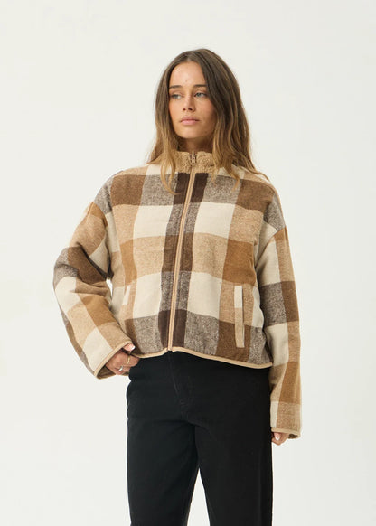 AFENDS Womens Berlin - Reversible Polar Fleece Jacket - Almond Check