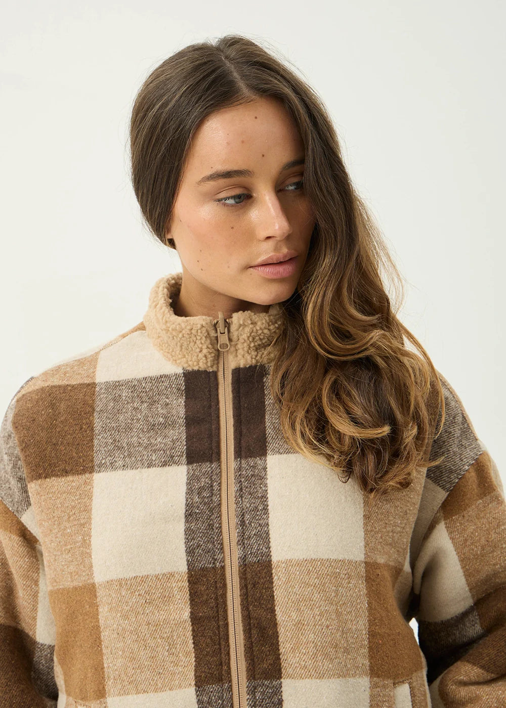 AFENDS Womens Berlin - Reversible Polar Fleece Jacket - Almond Check