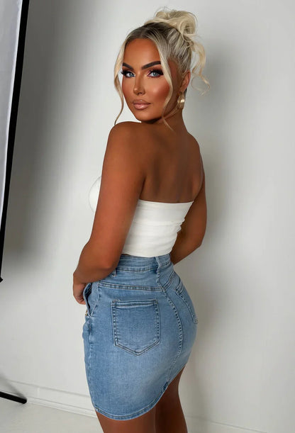 Coco Vibes Mid Wash Stretch Denim Gold Button Mini Skirt