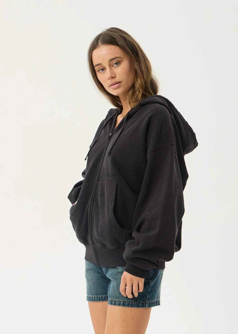 AFENDS Mens Genesis - Boxy Zip Hood - Stone Black
