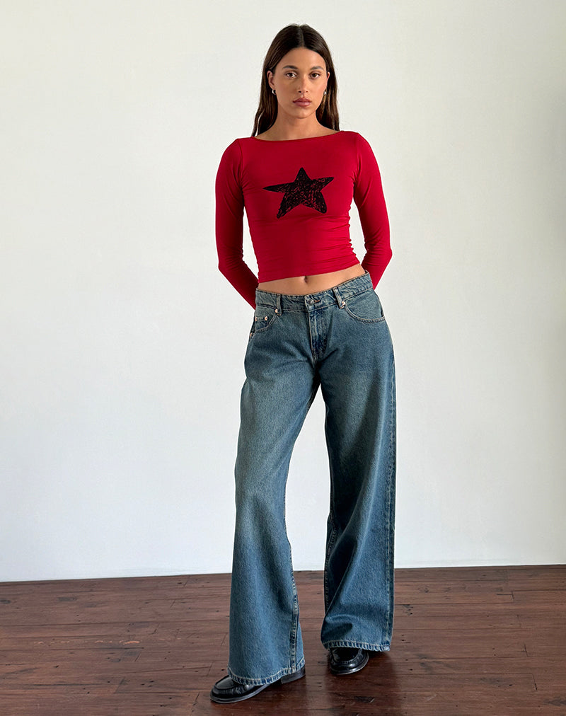 Amabon Long Sleeve Top in Adrenaline Red with Black Star