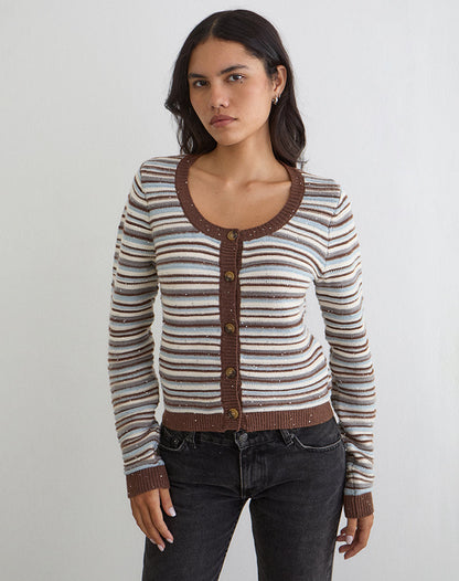 Aniha Long Sleeve Top in Knit Stripe Blue and Brown
