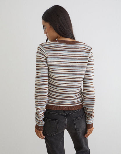 Aniha Long Sleeve Top in Knit Stripe Blue and Brown