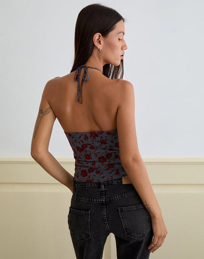 Arira Halter Top in Garden Floral Blue Grey