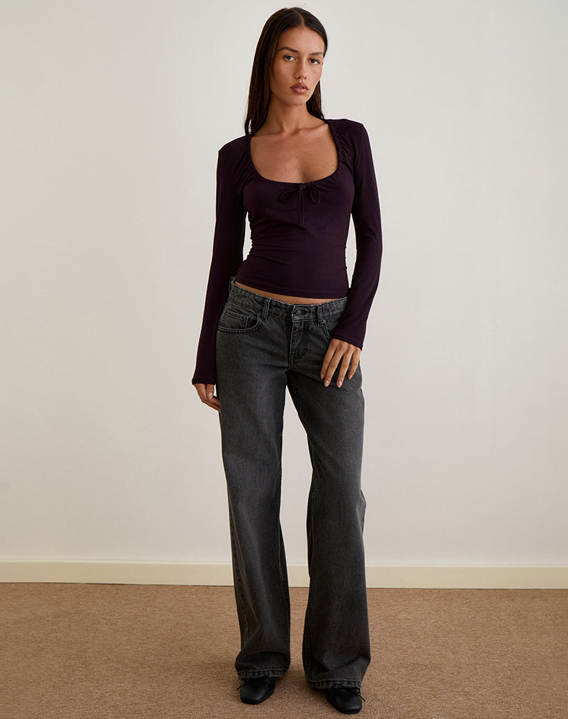 Aye Plunge Long Sleeve Top with Ruched Neck in Redwood