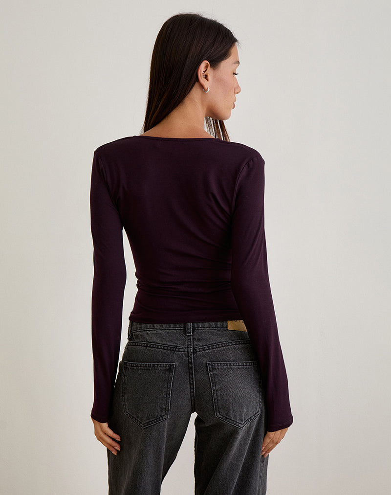 Aye Plunge Long Sleeve Top with Ruched Neck in Redwood