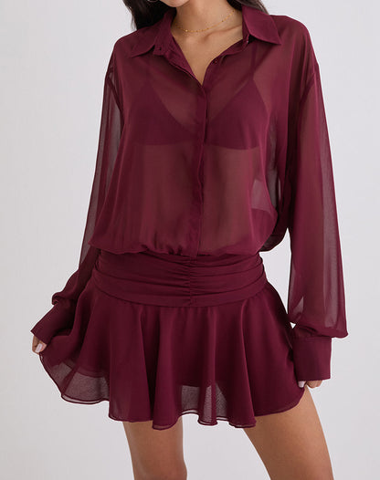 Azphira Long Sleeve Button Up Playsuit in Burgundy