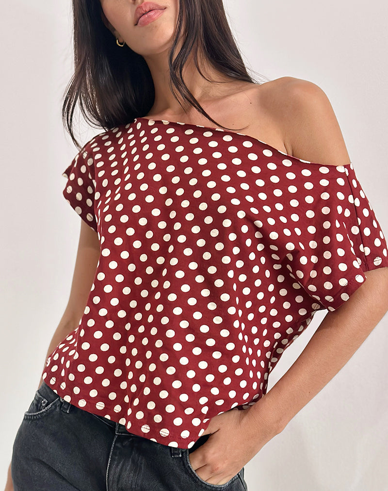 Balia Asymmetric Short Sleeve Top in Polka Wine
