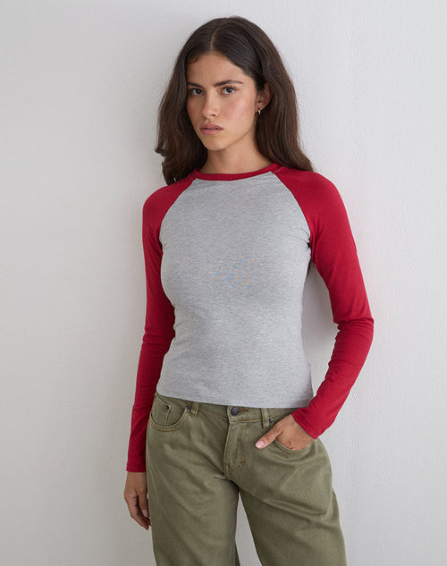 Balqis Long Sleeve Top in Grey Marl Adrenaline Red Combination