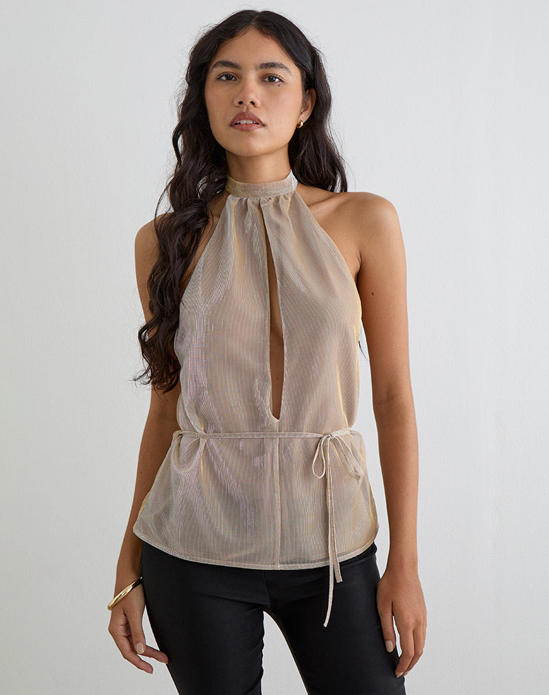 Benicia High Neck Keyhole Top in Gold