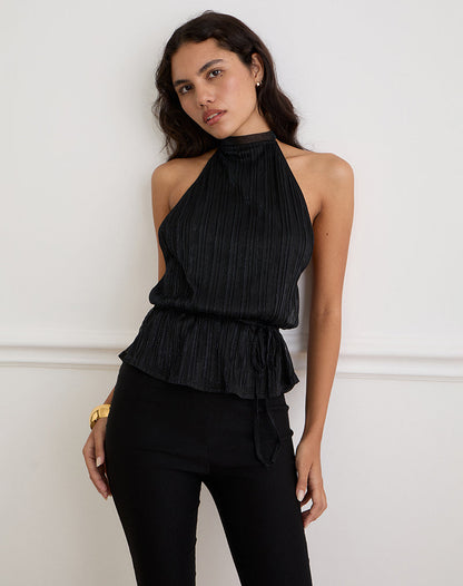 Brienne Top in Chiffon Plisse Black with Lining