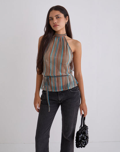 Brienne Top in Blue and Brown Shimmer Sheer Plisse