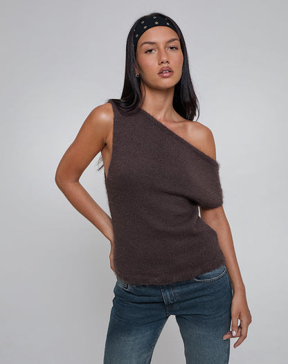 Calyce Off Shoulder Top in Fluffy Knit Dark Brown