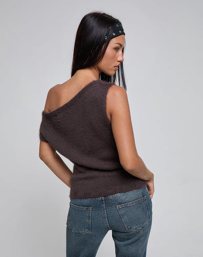 Calyce Off Shoulder Top in Fluffy Knit Dark Brown
