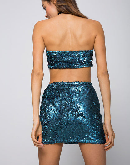 Cherry Tube Skirt in Mini Sequin Teal