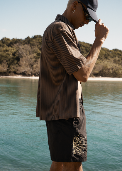 AFENDS Mens Cyrus - Short Sleeve Shirt - Coffee Stripe