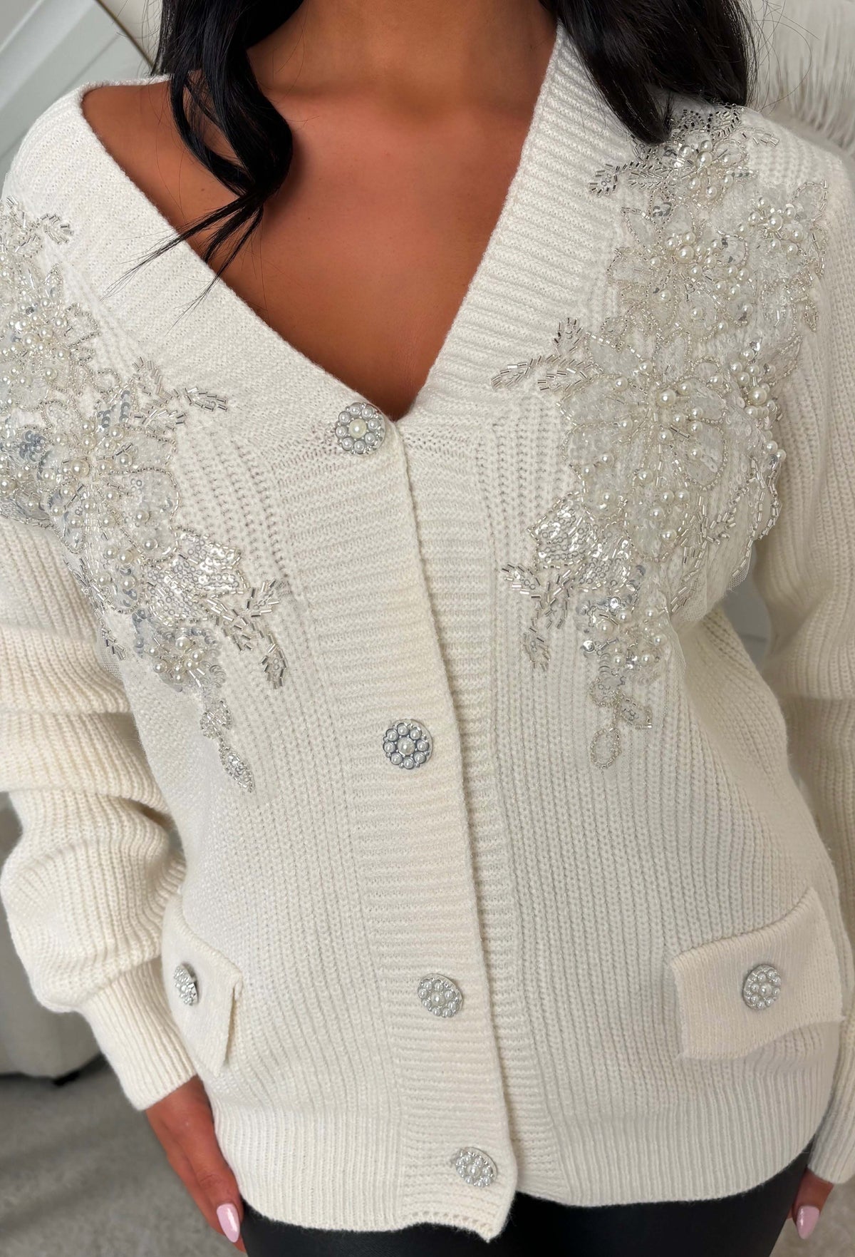 Chic Glamour Cream Embellished Knit Cardigan