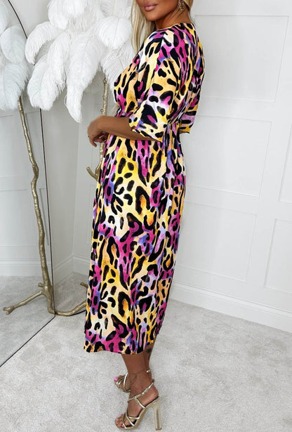 Feline Wild Multi Leopard Printed Leg Split Midi Dress