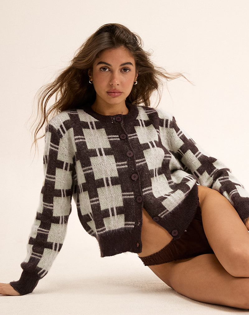 Anzio Knitted Cardigan in Check Brown
