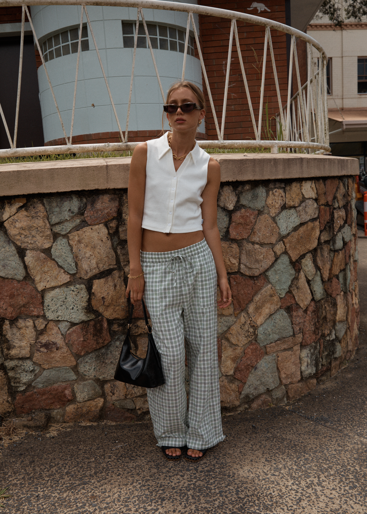 AFENDS Womens Leo - Seersucker Wide Leg Pant - Green / White
