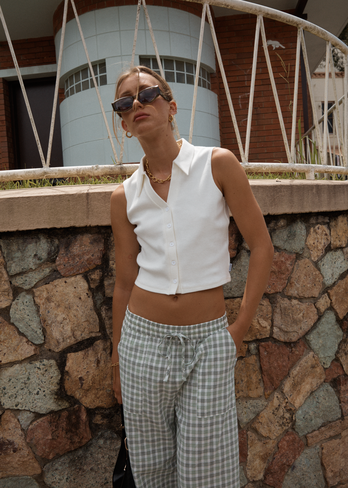 AFENDS Womens Leo - Seersucker Wide Leg Pant - Green / White