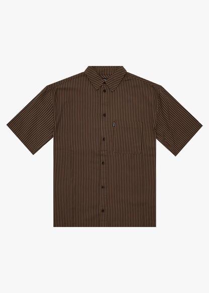 AFENDS Mens Cyrus - Short Sleeve Shirt - Coffee Stripe