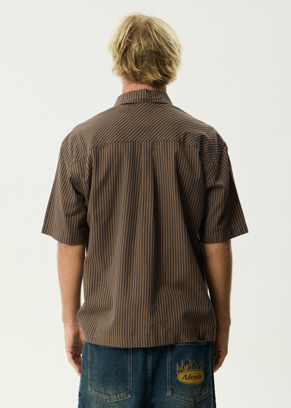 AFENDS Mens Cyrus - Short Sleeve Shirt - Coffee Stripe