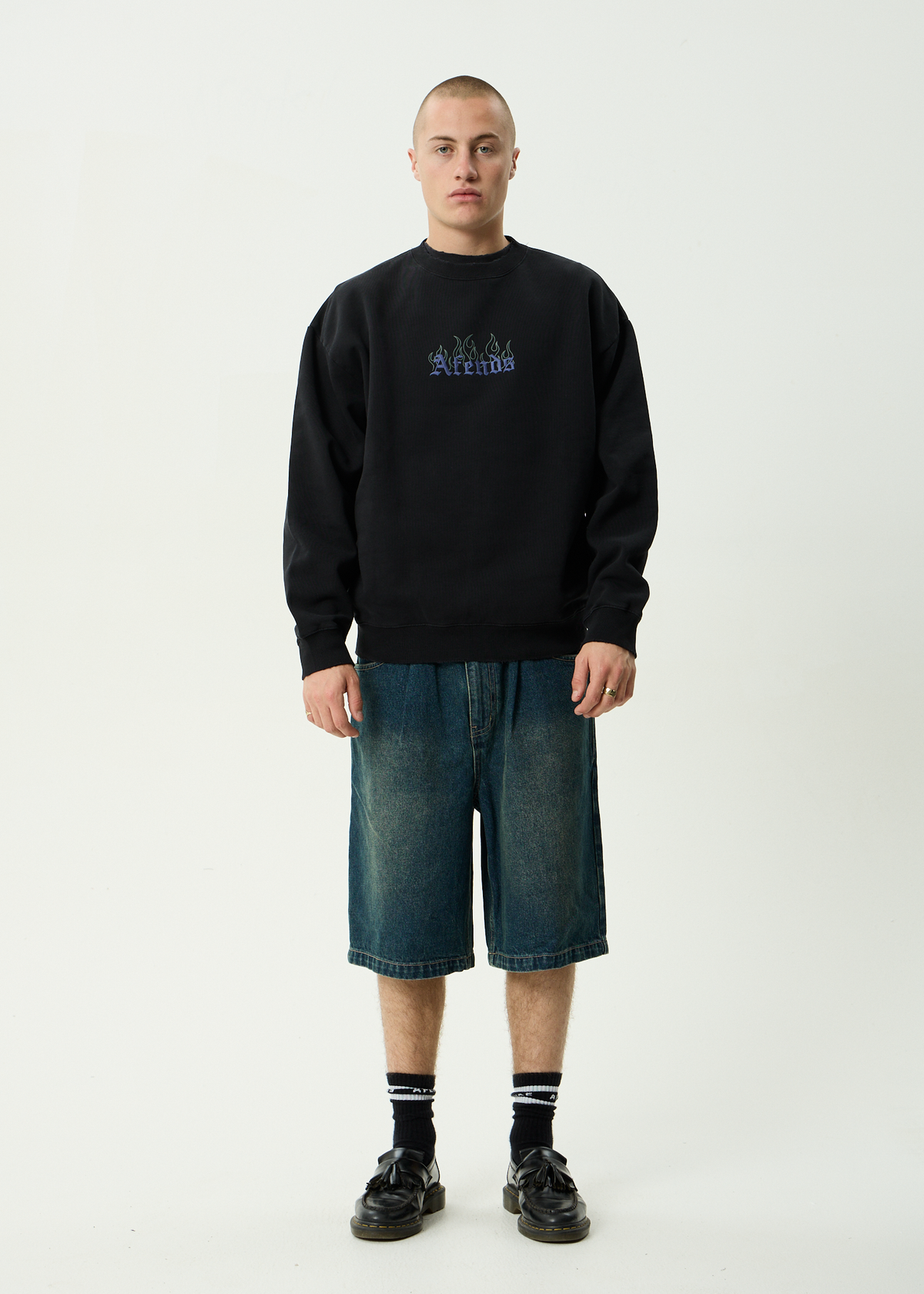 AFENDS Mens Temporal - Heavyweight Crew Neck - Stone Black