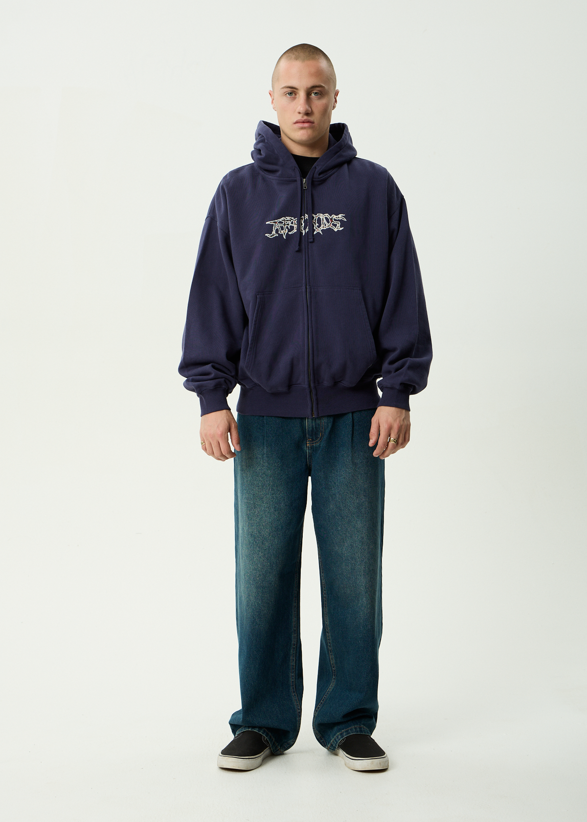 AFENDS Mens Kharma -  Boxy Zip Hood - Washed Deep Sea