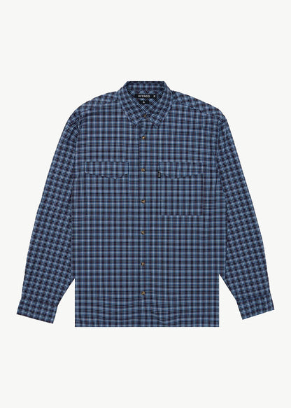 AFENDS Mens Mountains - Oversized Long Sleeve Shirt - Navy Check