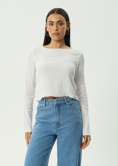 AFENDS Womens Focus - Seersucker Long Sleeve Top - Off White