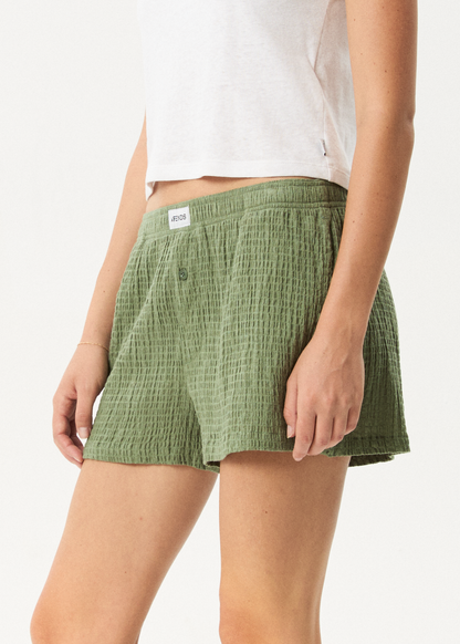 AFENDS Womens Focus - Seersucker Boxer Short - Oil Green