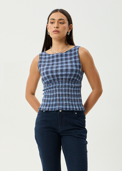 AFENDS Womens Mountains - Seersucker Sleeveless Top - Navy Red Check