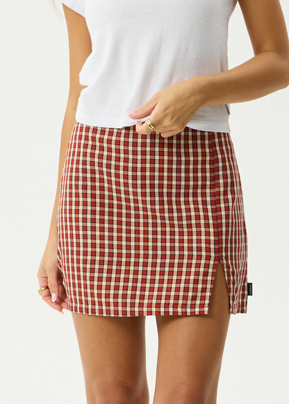 AFENDS Womens Austin - Check Mini Skirt - Red Rum